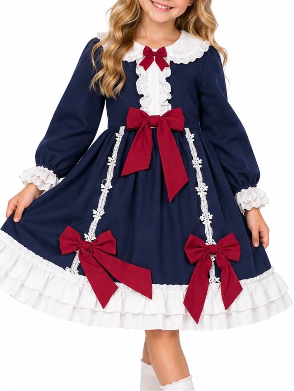 Navy and White Bow-Accent Girls' Costume Dress Bows cottage core girls SZ 8/10
